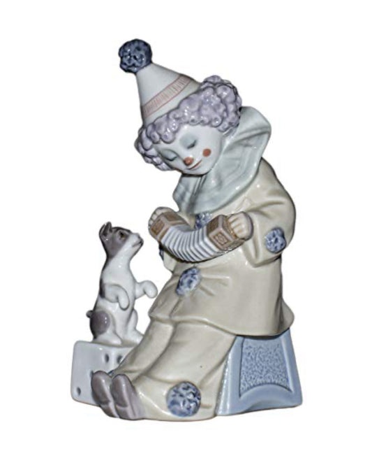 Lladro -  Pierrot Concertina Clown with Puppy Dog Porcelain Figurine